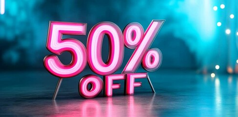 A futuristic and energetic sale banner with massive 3D text "50% OFF" glowing in neon pink and blue, metallic textures on letters - Powered by Adobe