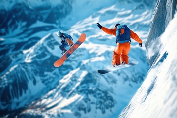 Snowboarders performing tricks in a beautiful mountain landscape during winter
