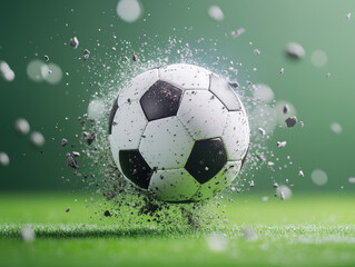 Fototapeta premium soccer ball spinning in air, surrounded by debris, captures dynamic energy of game. vibrant green grass adds to excitement of this action shot