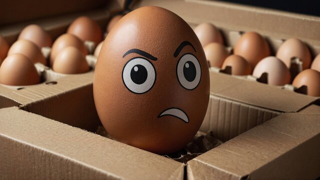 Egg with a face inside a cardboard box. Humorous brown egg with a frowning face in a cardboard tray up close. The idea of intimidation. An egg displaying a frustrated ... See More
