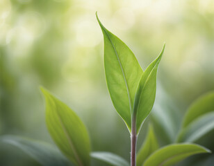 Fototapeta premium A fresh green plant shoot emerging from the tip of a stem, highlighting its delicate texture and vibrant color
