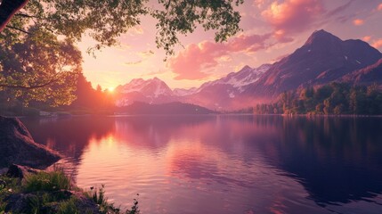 Fototapeta premium Serene Mountain Lake at Sunset with Pink Skies and Reflection on Water