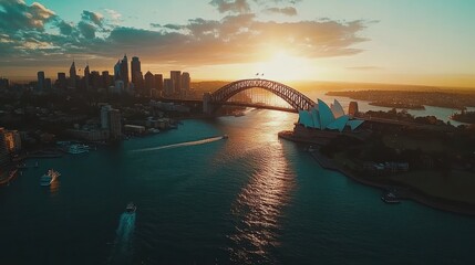 Naklejka premium Sydney sunrise aerial cityscape with harbor bridge and opera house.