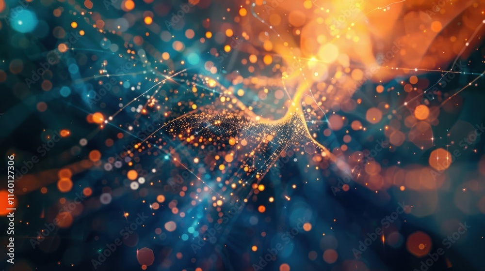 Poster complex network visualization showing big data flowing through futuristic network with glowing parti