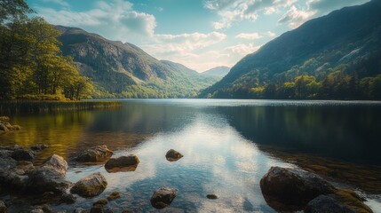 Serene Landscape of Mountains and Calm Lake Reflections Under a Clear Sky