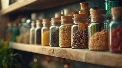 Elegant arrangement of colorful glass spice jars filled with various spices displayed on a wooden kitchen shelf  The composition showcases the natural textures and vibrant hues of the spices