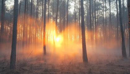 Obraz premium Golden sunlight shining through fog in pine forest at sunrise