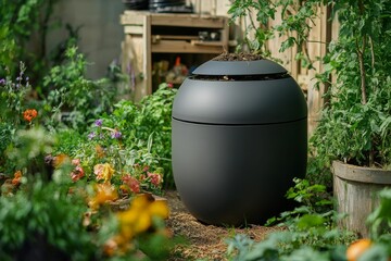Dark gray compost bin amidst blooming garden.