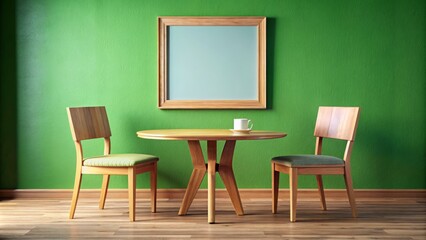 Rustic Wooden Tables & Chairs Green Wall Interior Design Close-Up Photo