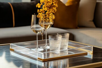Clear tray holds wine glasses, tumblers, yellow flowers.