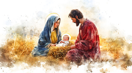 Watercolor painting representing Nativity scene in Bethlehem. Christmas scene illustration showing holy family baby Jesus in the manger Joseph and Mary. Banner. Copy space © Akash Tholiya