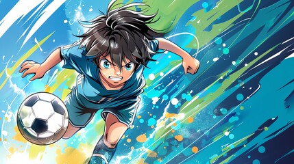 Naklejka premium A young boy with brown hair and blue eyes playing soccer in an anime style illustration.