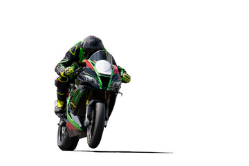 Front view of a rider on a black-green motorcycle doing wheelie. Isolated on transparent background.