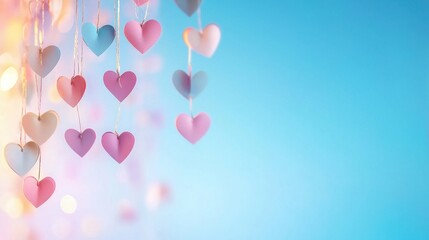 Decorative indoor art draping pastel hearts against bright skies