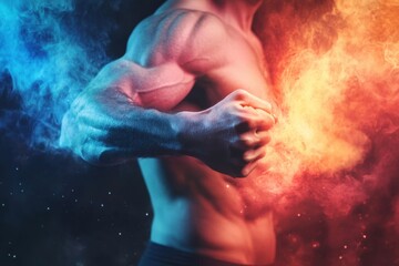 Fototapeta premium Strong muscular man flexing with vibrant colors of red and blue smoke swirling around