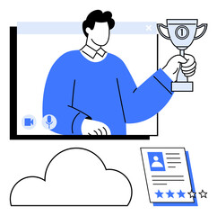 Person holding trophy during video call, surrounded by a cloud symbol and document with star ratings. Ideal for online meetings, awards, cloud storage, virtual events, digital success, remote