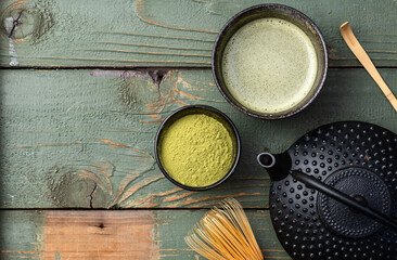 Japanese ceremony . Green powder tea matcha , healthy drink . Top view