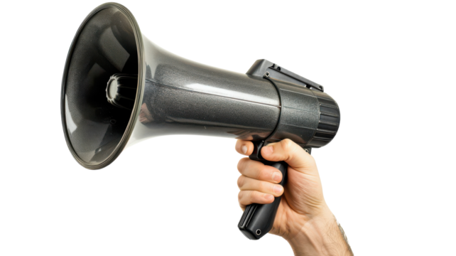 Hand holding a megaphone with a bold background, signaling a call to action in a vibrant environment