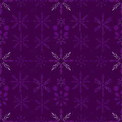 Purple Snowflake Seamless Pattern: A delicate and elegant winter wonderland design featuring snowflakes in various sizes on a rich purple background.