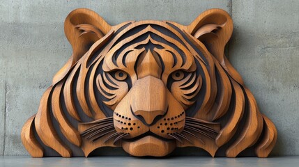 Intricate wooden tiger head wall art.