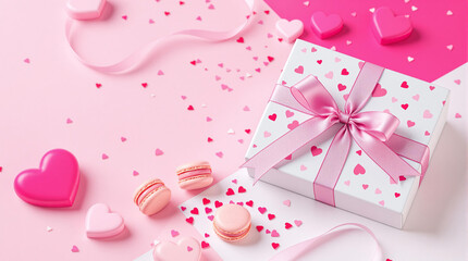 Decorative macaron gift box with heart patterns on pink backdrop, Valentine's Day