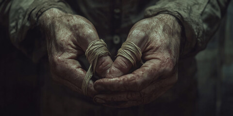 Hands holding rubber bands, showing wear and dirt.