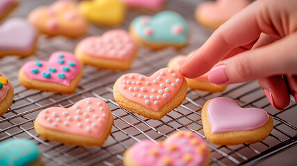 Fototapeta premium A hand delicately reaching for one of the heart-shaped cookies, with an array of other colorful and decorated sugar cookie hearts on a wire rack in the background, a Valentine's Day-themed 