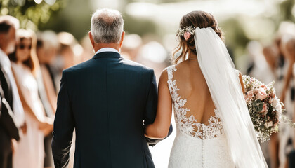 father walks his daughter down aisle at wedding, showcasing beautiful moment filled with emotion and love. bride wears stunning lace gown and holds bouquet