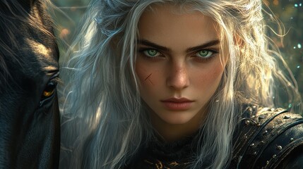 Fantasy Warrior Woman with Silver Hair, Piercing Blue Eyes, and Battle Scars in a Mystical Atmosphere - Epic Female Hero Portrait Concept Art