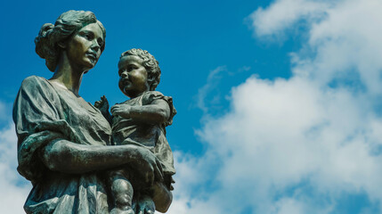 Obraz premium Statue of a woman holding a child against a sky background.