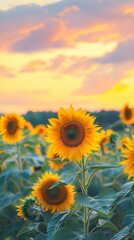 Obraz premium Sunflower field at sunset, an impressionist-style painting, with warm colors and soft brushstrokes, depicting the golden hues of sunflowers against an open sky