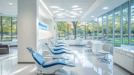 A modern dental office scene in soft focus as the background, featuring sleek dental chairs, a sterile white and blue color scheme, and glowing natural light from large windows