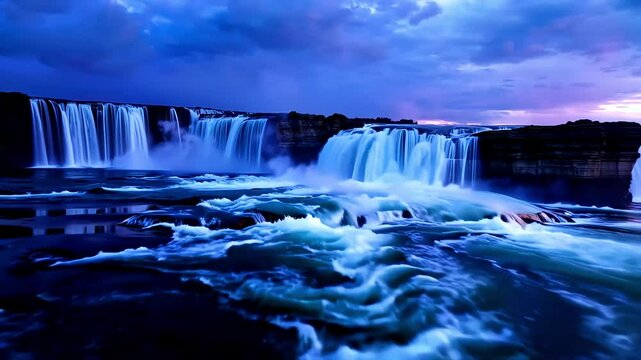 Majestic godafoss waterfall displays its powerful beauty under a changing sky, from sunset to twilight. Immersive appeal
