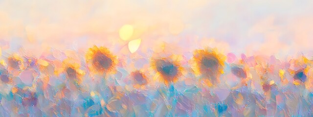 Sunflower field at sunset, an impressionist-style painting, with warm colors and soft brushstrokes, depicting the golden hues of sunflowers against an open sky