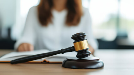 gavel resting on law book with woman in background, symbolizing justice and legal proceedings. scene conveys professional atmosphere in legal setting