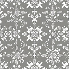Elegant Damask Seamless Pattern:  A sophisticated and timeless design featuring a repeating pattern of intricate floral motifs and swirling damask elements in white against a gray background.