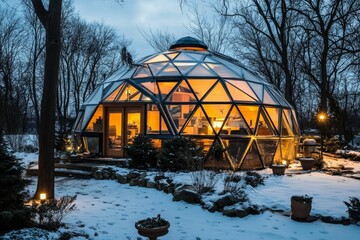 Illuminated geodesic dome home, winter landscape.