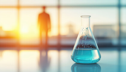 glass flask with bubbling blue liquid sits on laboratory table, illuminated by warm sunlight. silhouette of person is visible in background, creating sense of curiosity and discovery