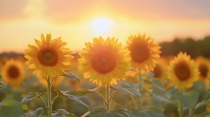 Sunflower field at sunset, an impressionist-style painting, with warm colors and soft brushstrokes, depicting the golden hues of sunflowers against an open sky