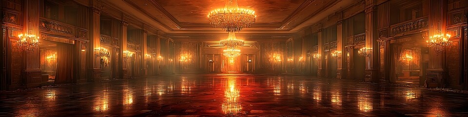 Obraz premium Creepy abandoned hotel with broken chandeliers and dark corridors 