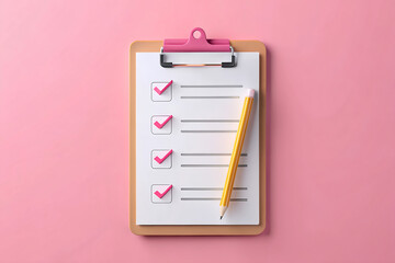 3d paper clipboard task management todo check list with pencil fast work on project plan fast progress level up concept 3d pencil note exam paper checklist icon 3d vector render pink background