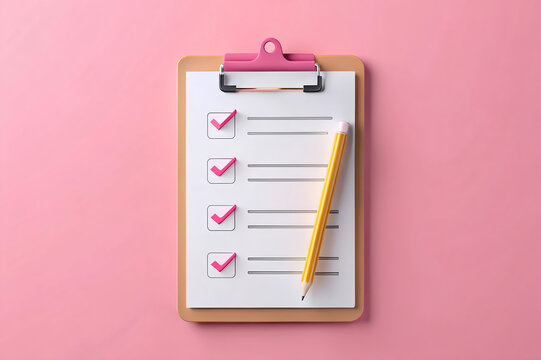 3d paper clipboard task management todo check list with pencil fast work on project plan fast progress level up concept 3d pencil note exam paper checklist icon 3d vector render pink background