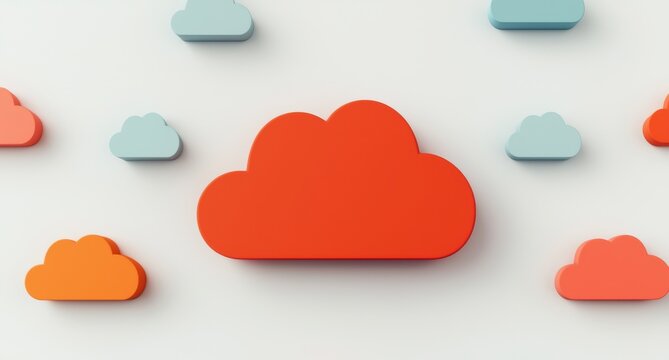 Cloud computing enables storage and collaboration Colorful clouds of various sizes and shapes on a light background.