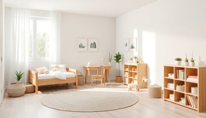 Fototapeta premium Scandinavian Style - Children's Room Interior Design With Scandinavian Concept - Hotel Children's Room - Apartment Children's Room Interior With Bed - Interior Design