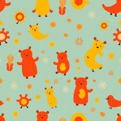 Fototapeta premium Whimsical Bear Pattern: A delightful seamless pattern featuring cheerful red and yellow bears dancing amongst vibrant floral and foliage designs on a soothing turquoise background.