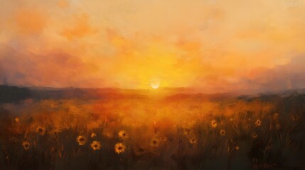 Sunflower field at sunset, an impressionist-style painting, with warm colors and soft brushstrokes, depicting the golden hues of sunflowers against an open sky