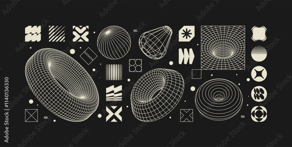 Poster Vector graphic assets set in acid style, retro futuristic background with wireframe elements of different forms, bold modern shapes for design template, poster, banner, clothes, stickers in Y2k style,