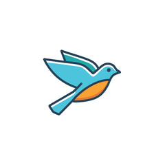 Flying bird icon. Blue bird in flight, symbolizes freedom, peace, hope.  Simple design.