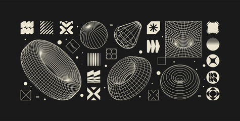 Vector graphic assets set in acid style, retro futuristic background with wireframe elements of different forms, bold modern shapes for design template, poster, banner, clothes, stickers in Y2k style,