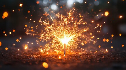 A sparkler ignites, creating a burst of light and sparks against a blurred background.
